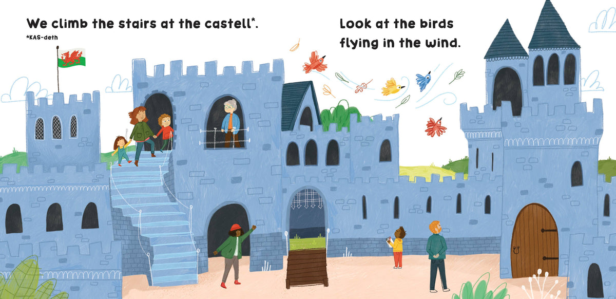 Illustration of a blue castle with children and birds, featuring text about climbing stairs and watching birds.