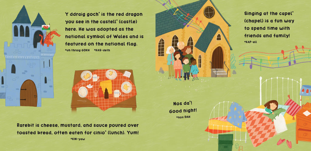 A colorful illustrated poster or print featuring Welsh-themed scenes: a blue castle with a red dragon, a church and children, a bed with a sleeping figure, and text labels on a light green background.