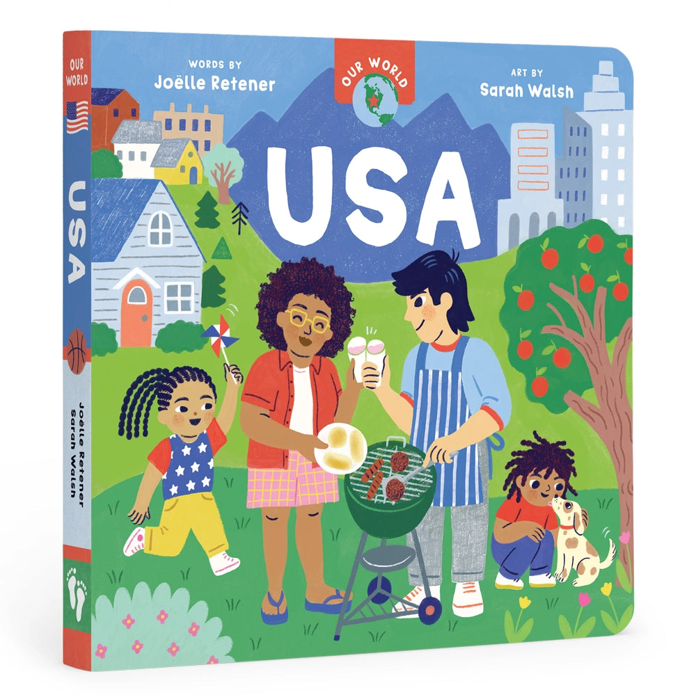 Cover of a board book titled 'Barefoot Books - Our World: USA' featuring illustrations of children and iconic American landmarks.