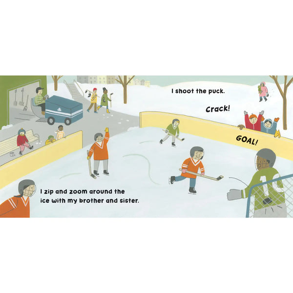 Illustration of children playing ice hockey with text describing the action.