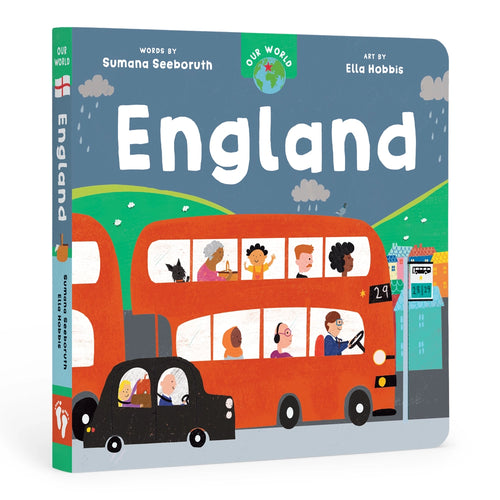A colorful board book cover featuring illustrations of people on a double-decker bus with the title 'England' and author and illustrator names.