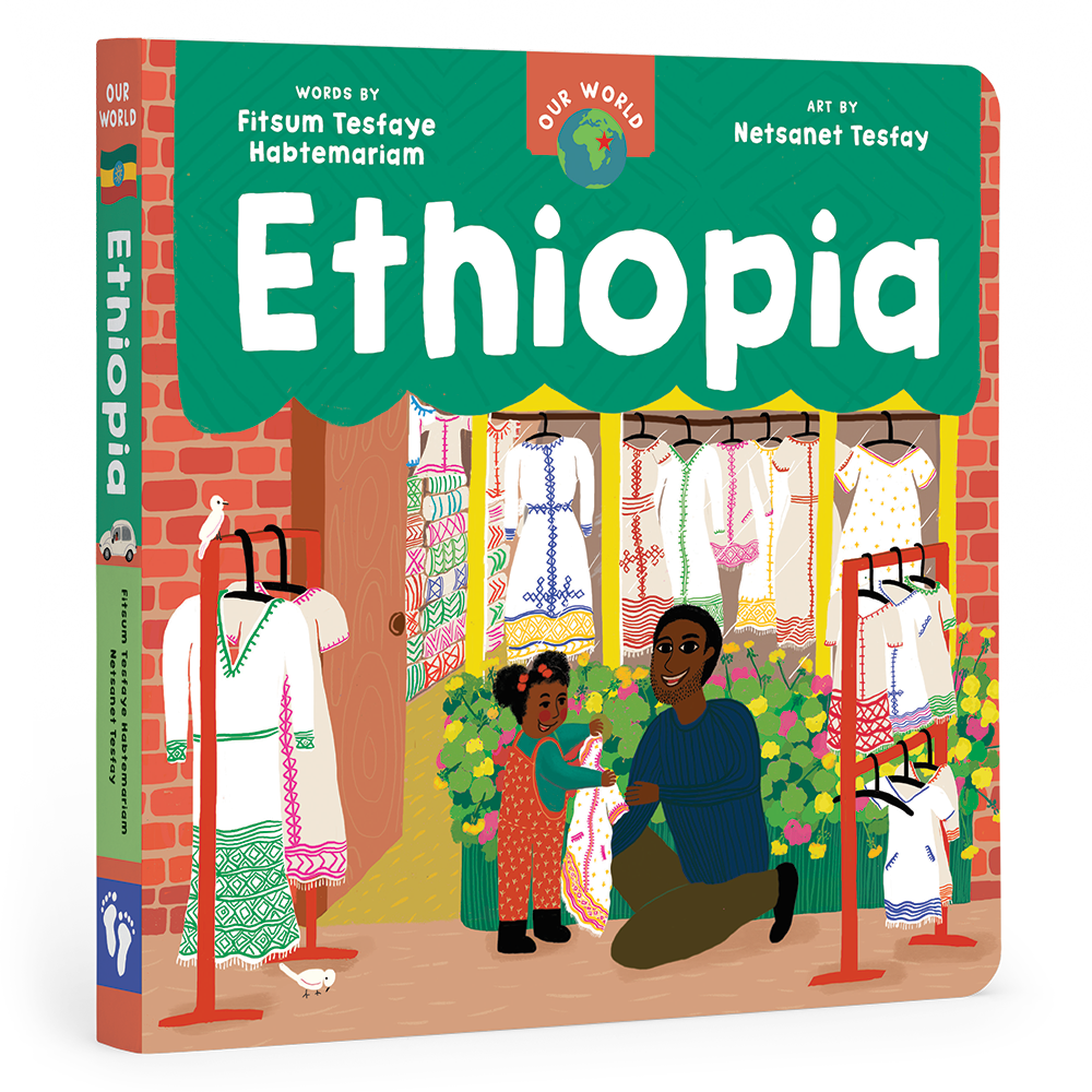 Book cover of 'Ethiopia' with illustrations of a man and child in a clothing store.