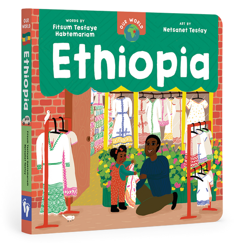 Book cover of 'Ethiopia' with illustrations of a man and child in a clothing store.