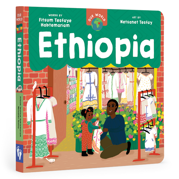 Book cover of 'Ethiopia' with illustrations of a man and child in a clothing store.