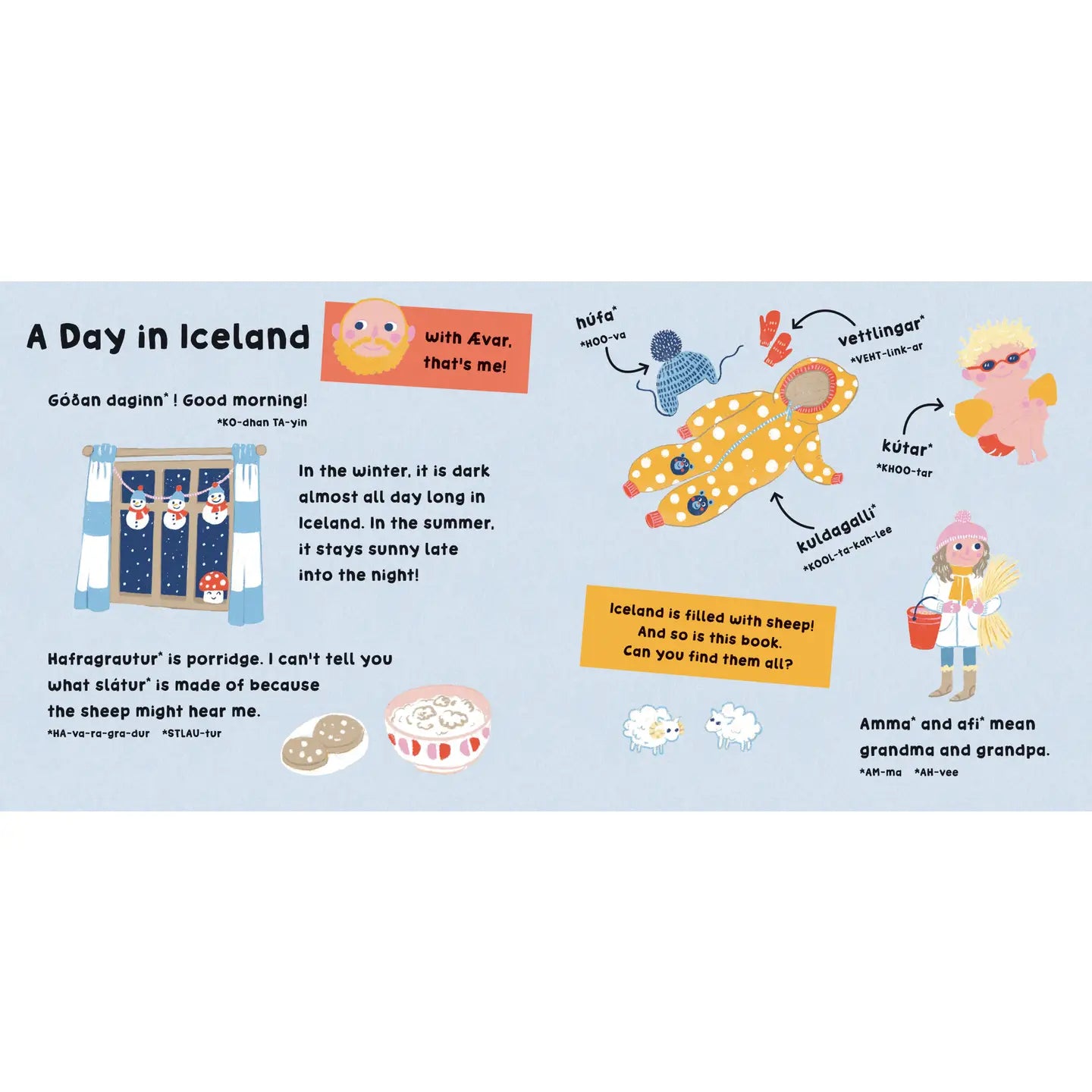 Illustrated children's book page about a day in Iceland with text and graphics.