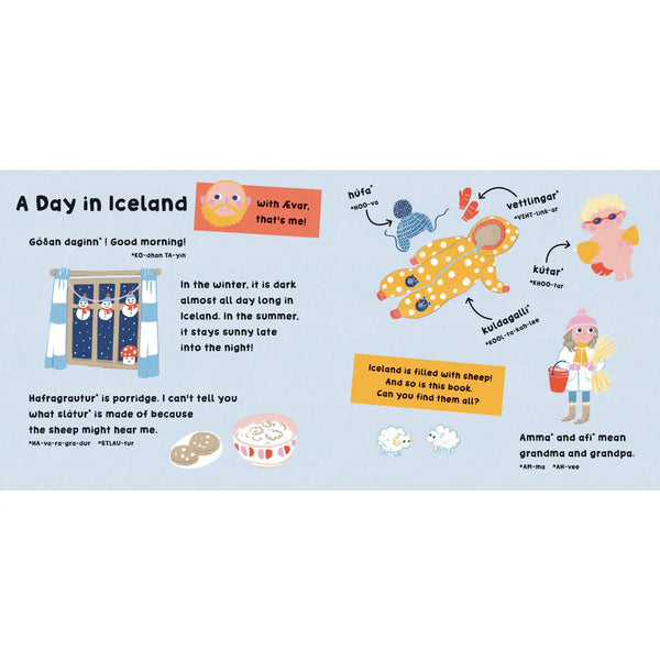 Illustrated children's book page about a day in Iceland with text and graphics.