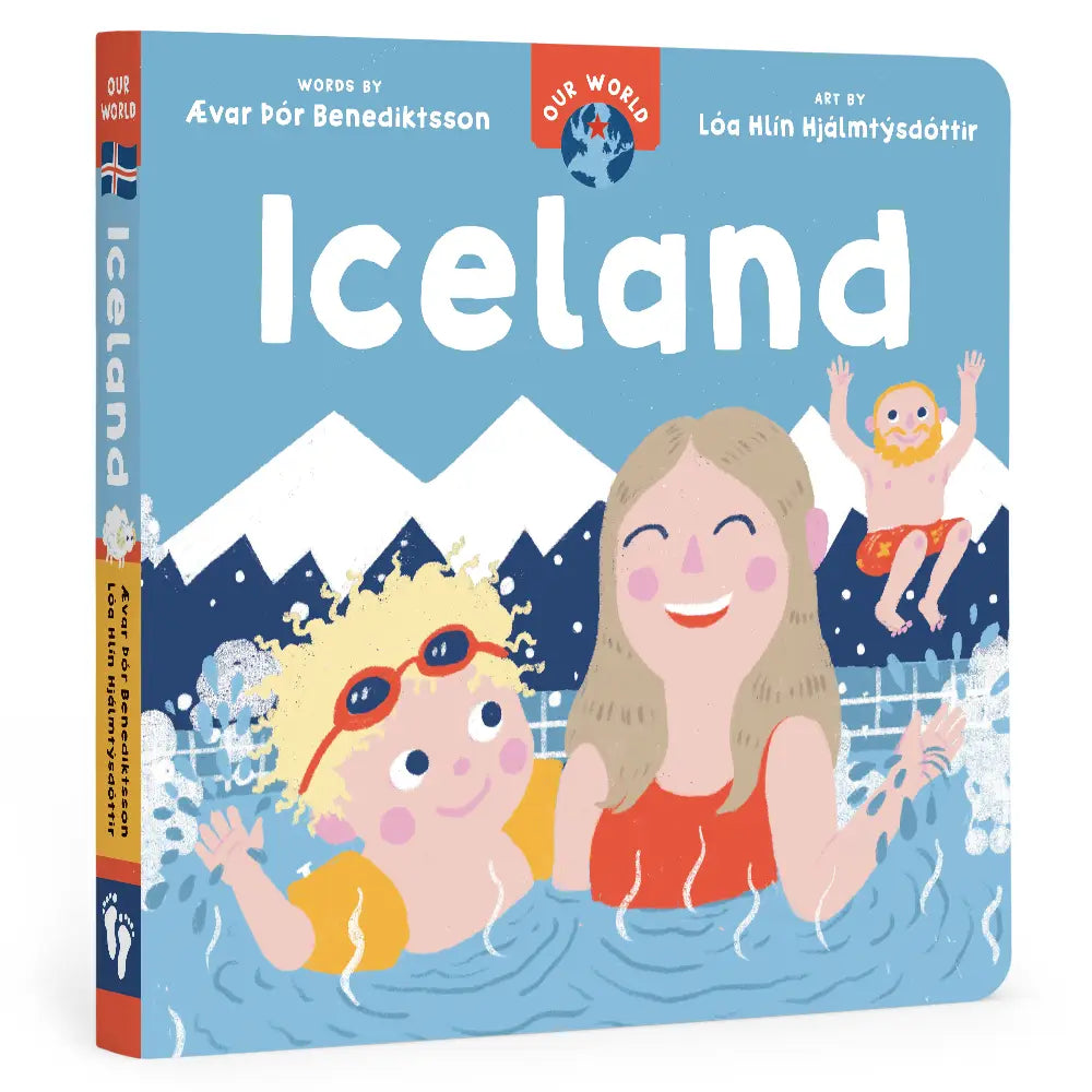 Book cover of 'Iceland' featuring illustrations of children playing in water with mountains in the background.