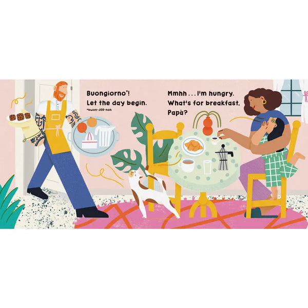 Illustration of a family at breakfast with text in Italian.