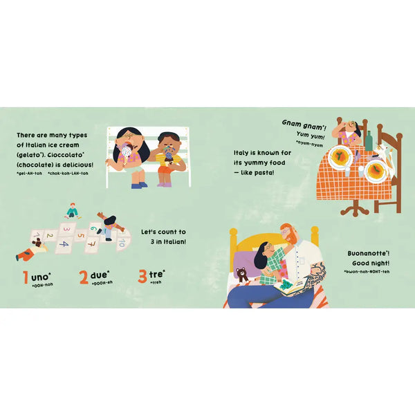 Illustrated pages from a children's book about Italian culture and food.