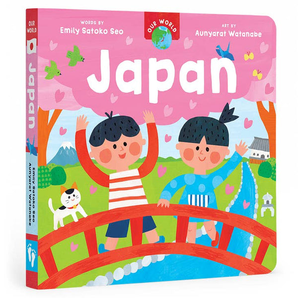 book labeled Japan with children on cover on bridge and with trees