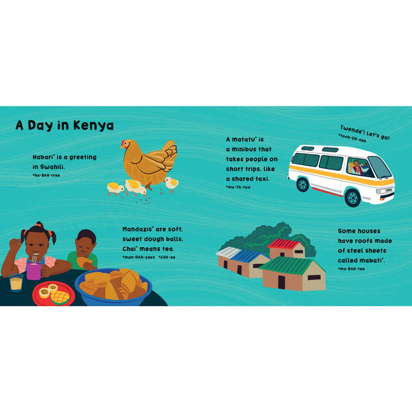 Illustrated book page about a day in Kenya with text and graphics.