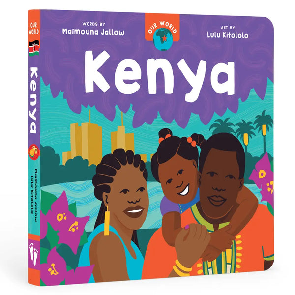 Book cover of 'Kenya' featuring illustrations of three children and a cityscape.