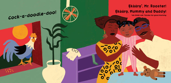 Illustrated book cover with children and a rooster, featuring text and a colorful design.
