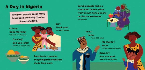 Educational illustration about a day in Nigeria, featuring text and images of people and food.