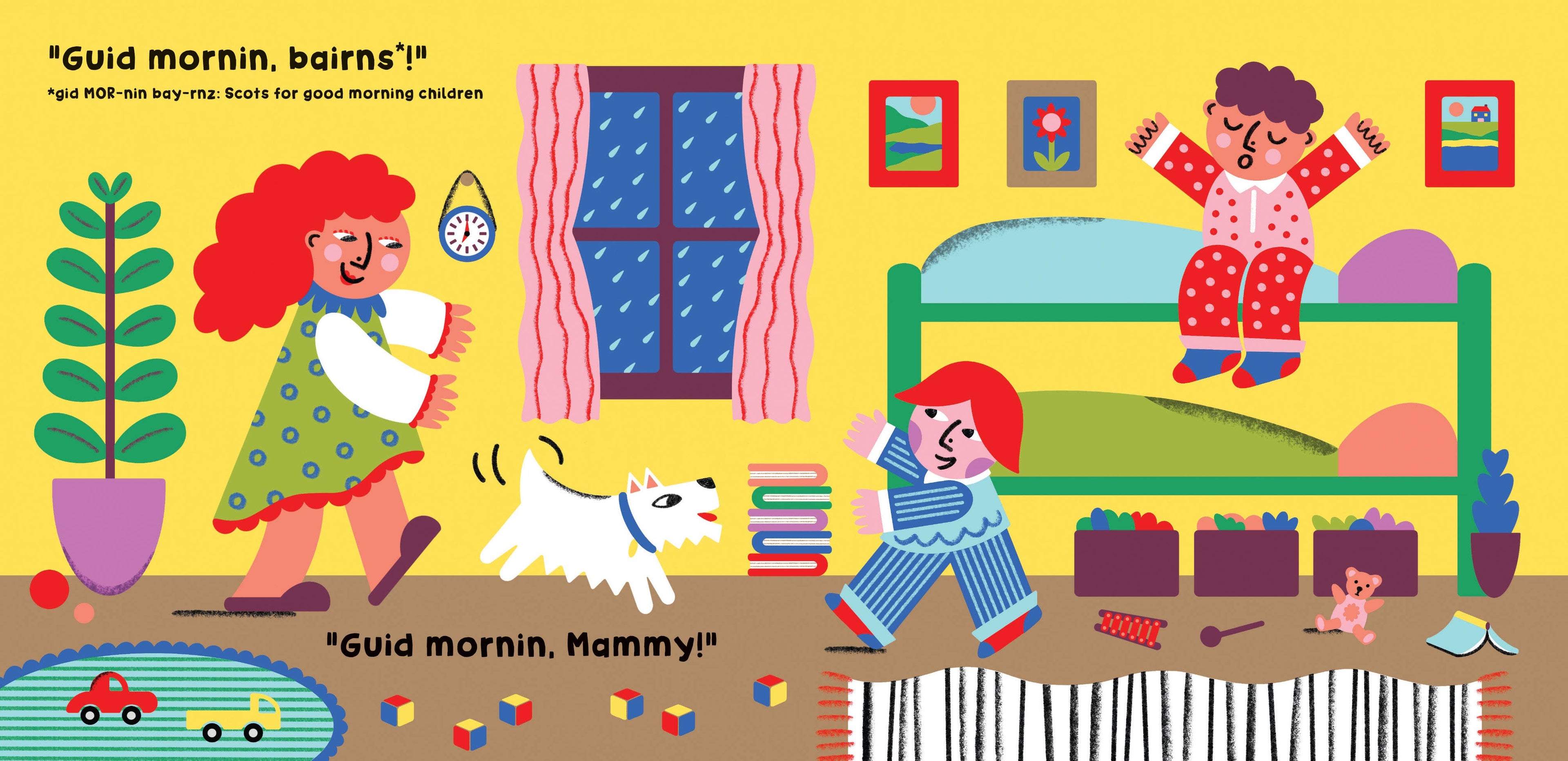 Children's book illustration of a bedroom scene with children and toys.