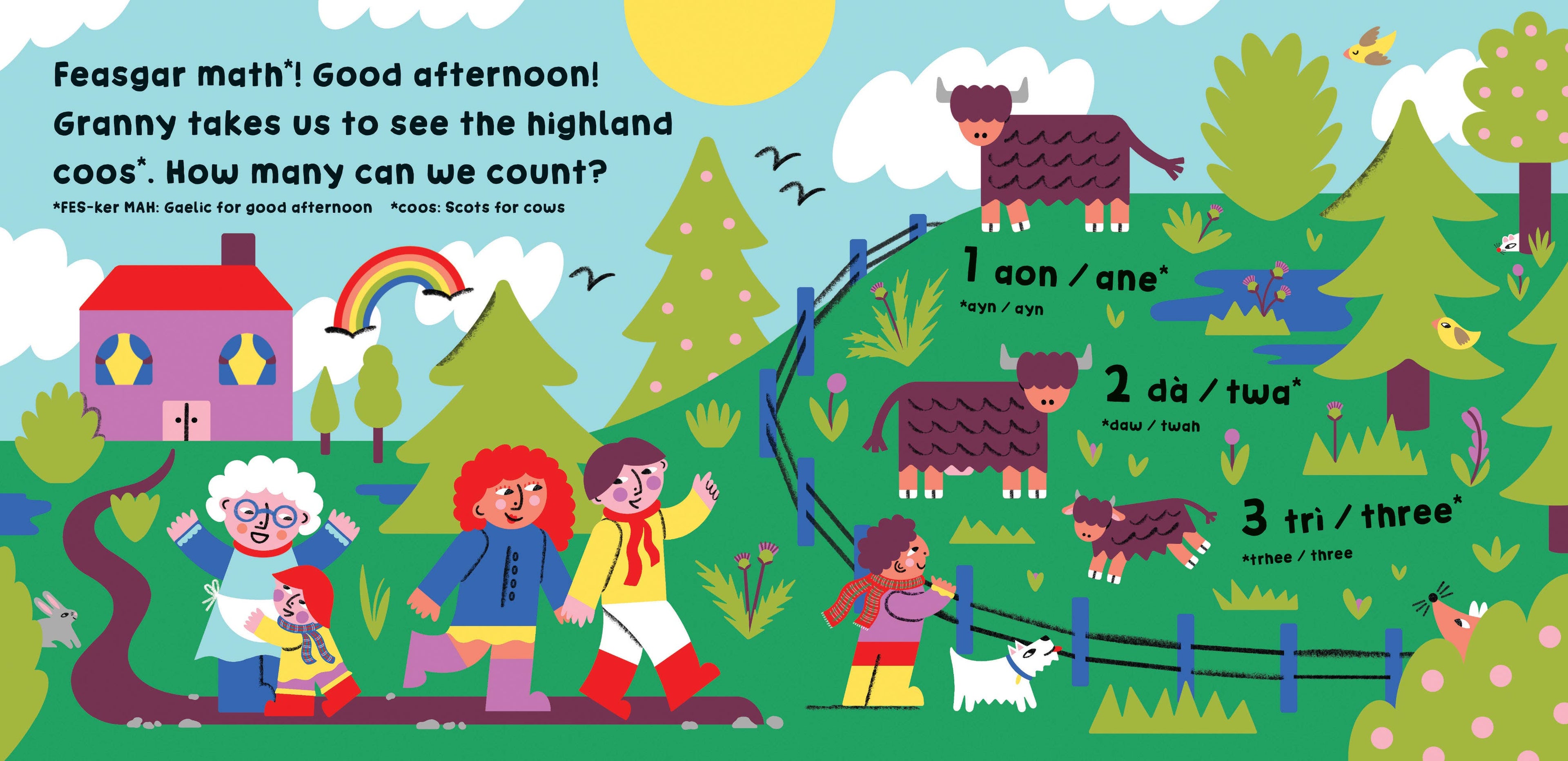 Illustrated children's book page with characters and animals in a Scottish landscape.