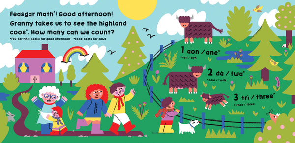 Illustrated children's book page with characters and animals in a Scottish landscape.