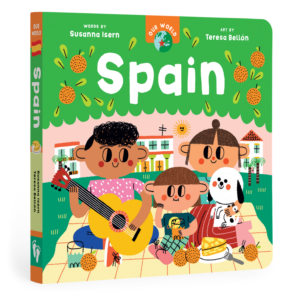 Book cover of 'Our World Spain' with children and a dog on a green background