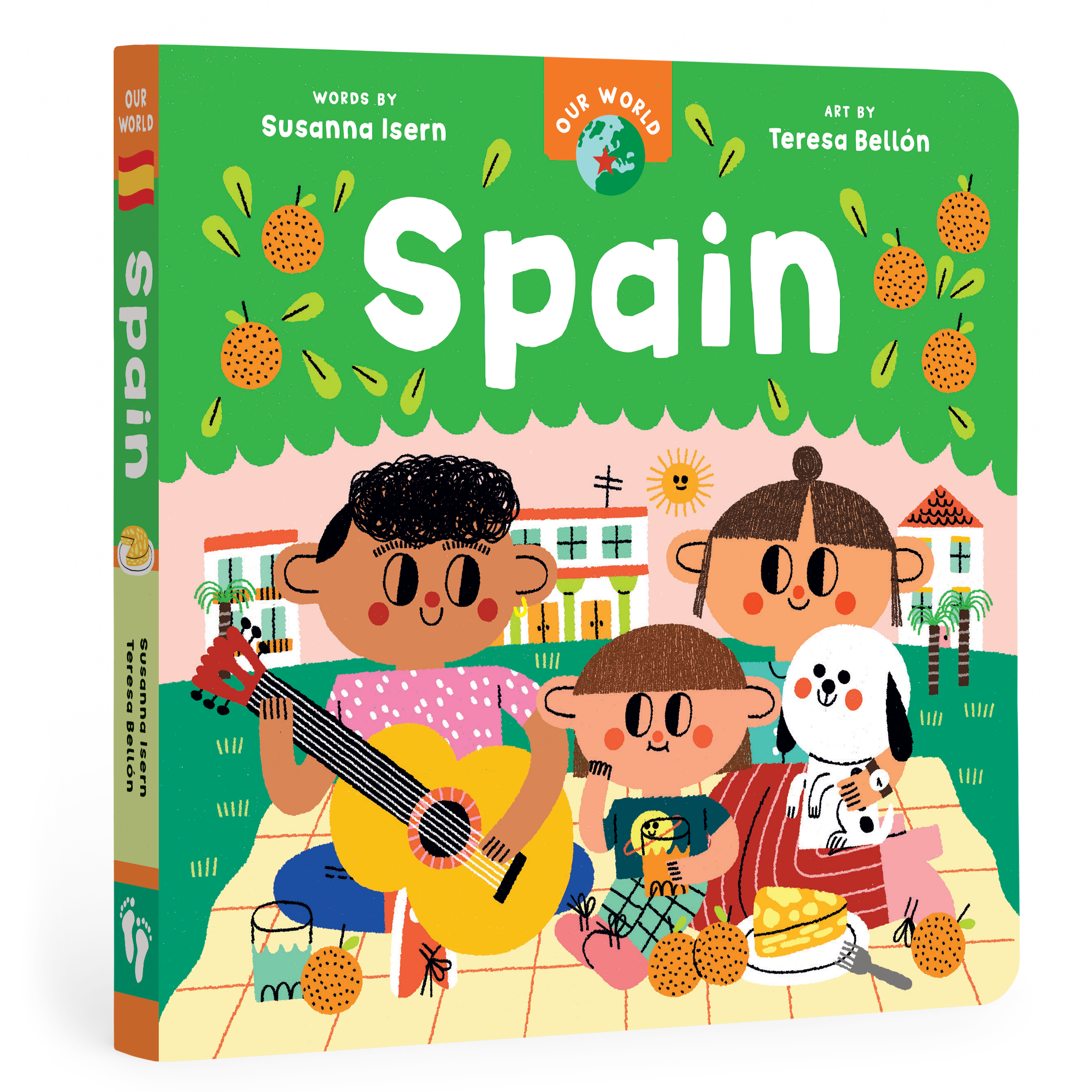 Book cover of 'Our World Spain' with children and a dog on a green background