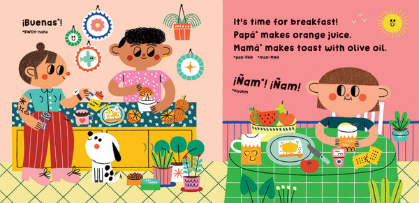 Illustrated children's book page with two children and a dog in a kitchen, and another child at a table with food.