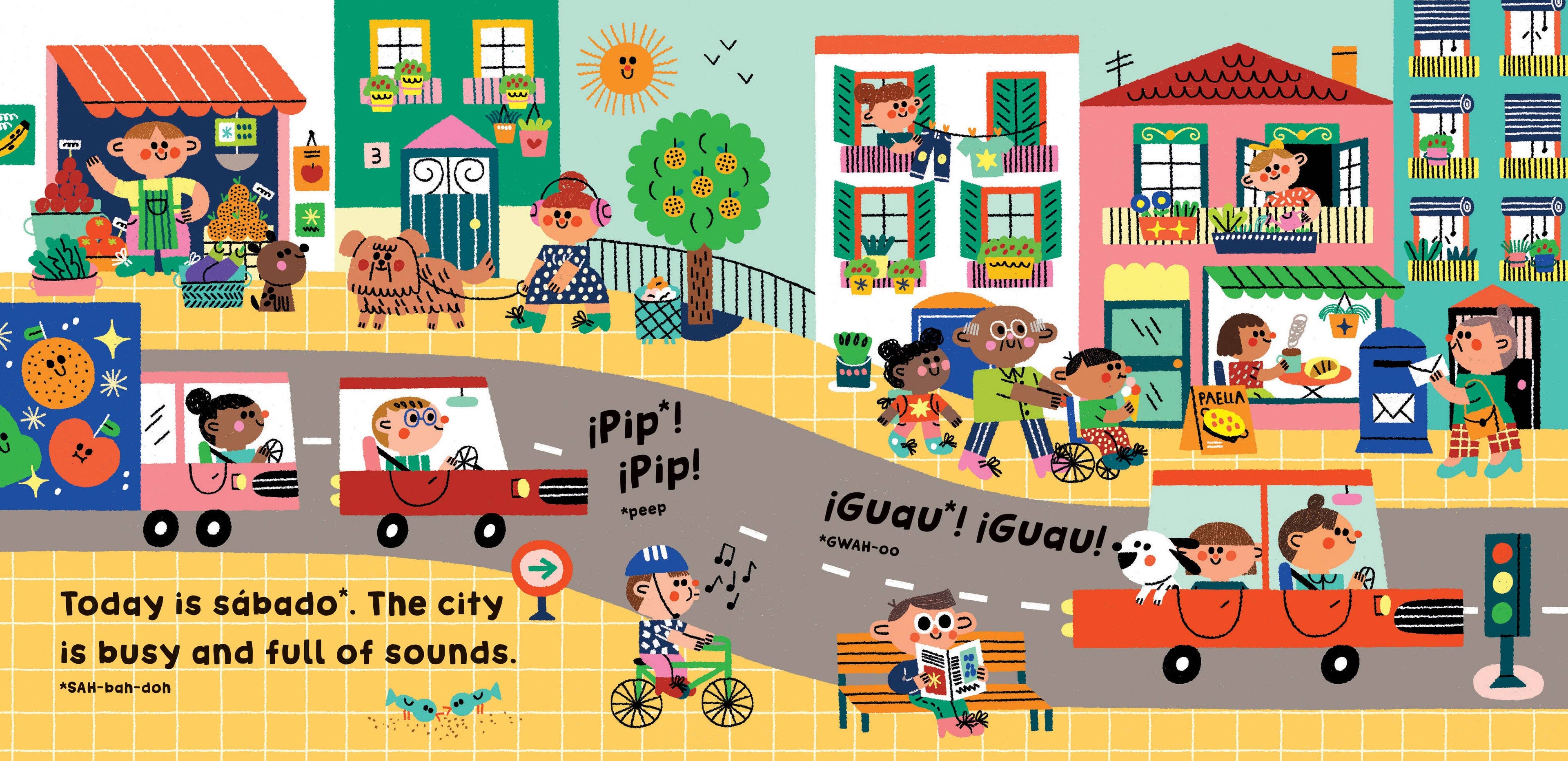 Illustrated city scene with children and animals on a sunny day.