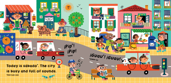 Illustrated city scene with children and animals on a sunny day.