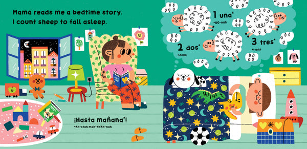 Illustrated children's book page with a child reading a bedtime story to animals, featuring numbers and sleep-themed graphics.