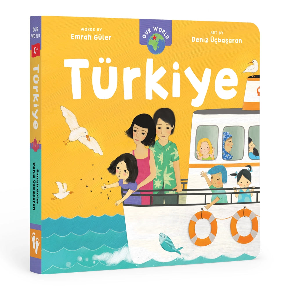 A board book titled 'Çürkiye' from Barefoot Books Our World series, featuring illustrations of Turkish culture, such as people, food, and landscapes, and text in Turkish.