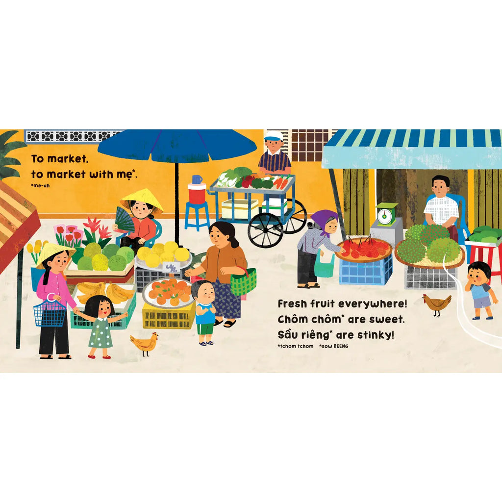 Illustration of a market scene with people and fruit, featuring text.