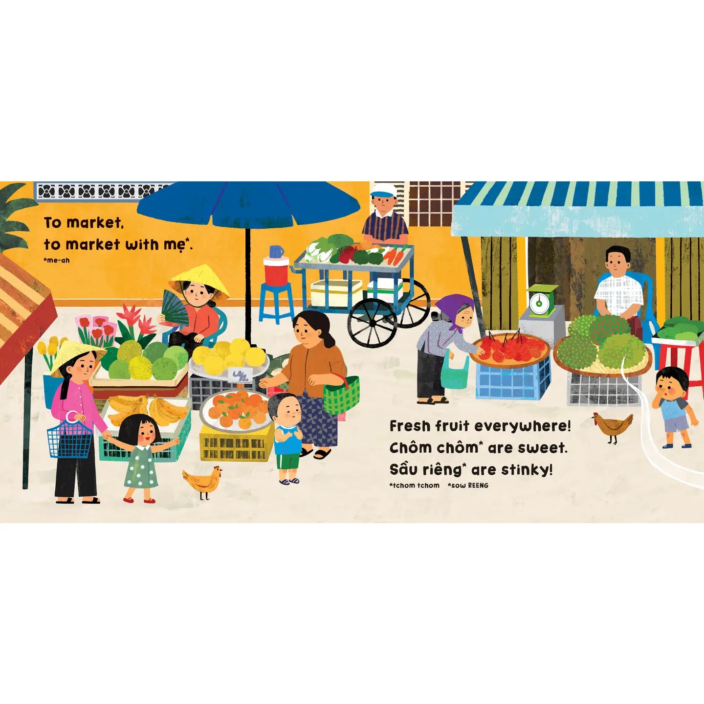 Illustration of a market scene with people and fruit, featuring text.