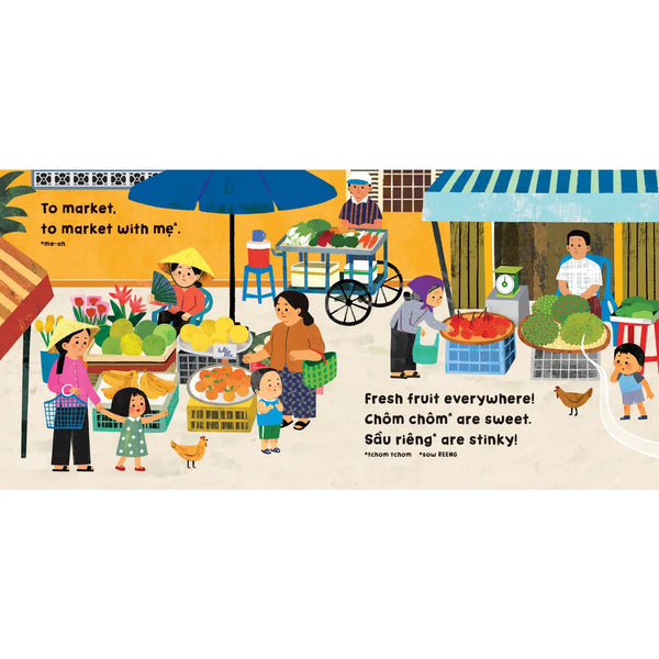 Illustration of a market scene with people and fruit, featuring text.