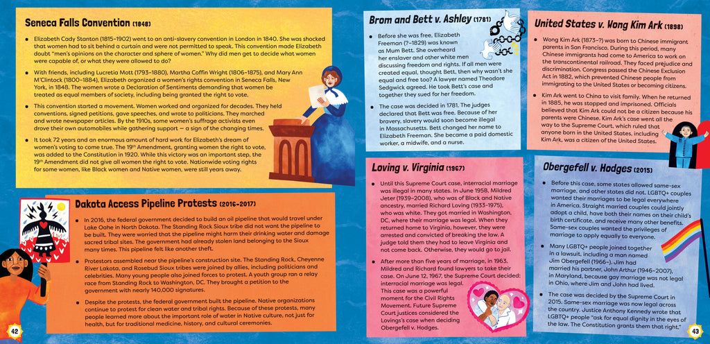 Educational brochure with various legal cases and protests on a blue background