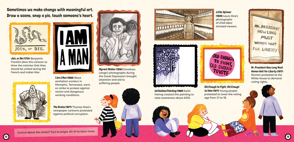 Illustrated book page with various images and text, including a prominent 'I AM A MAN' poster.