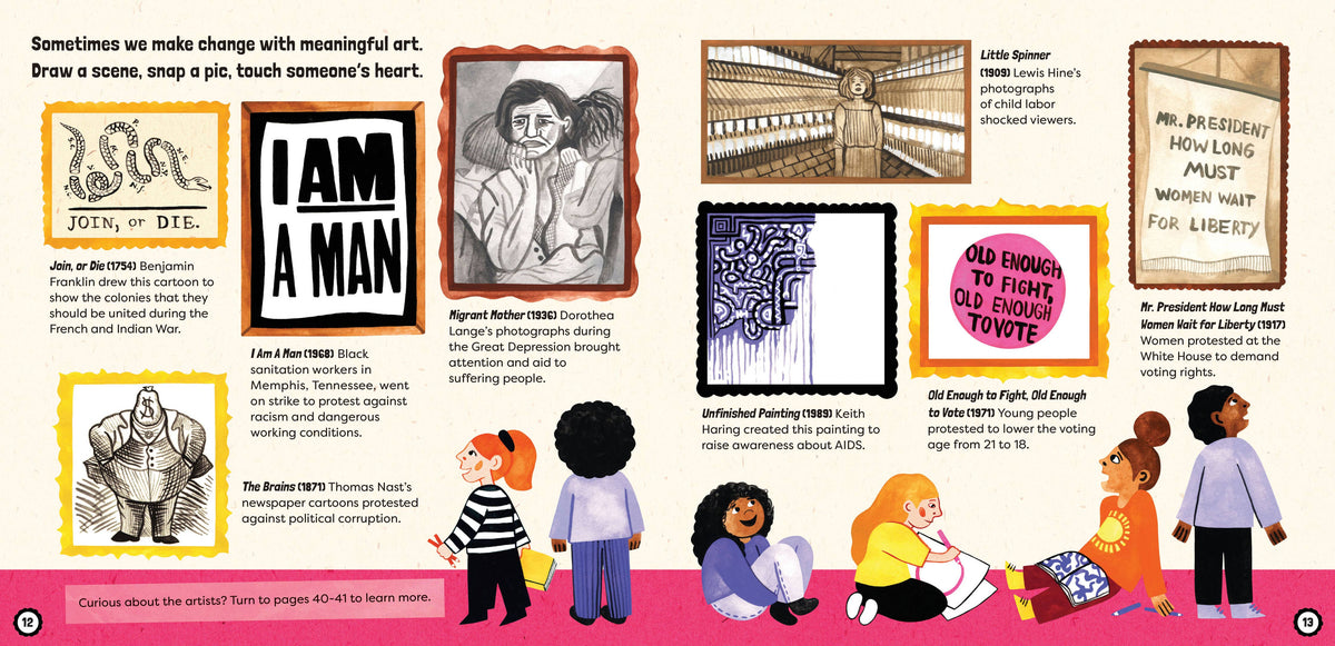 Illustrated book page with various images and text, including a prominent 'I AM A MAN' poster.