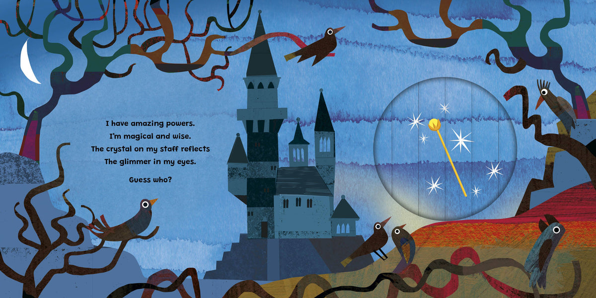 Illustrated children's book page showing a dark castle at night, twisted trees, several birds, a glowing circular mirror with sparkles, and a poem on the left side.