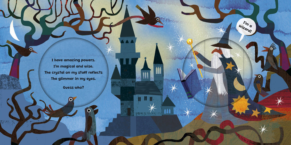 A whimsical illustrated scene with a wizard in a pointed hat and robe standing inside a glowing crystal ball, surrounded by stars and magical elements. A dark castle, twisted trees, birds, and a wizard's hat appear around it.