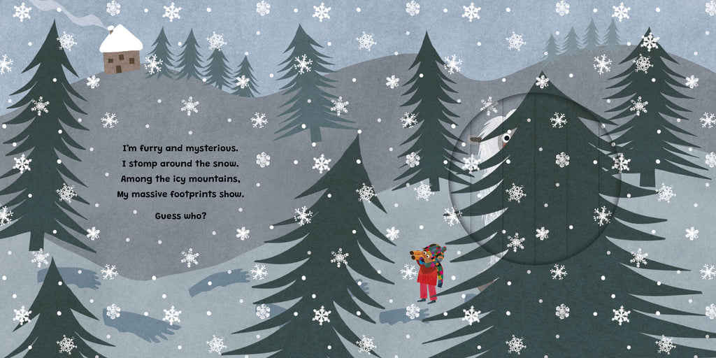 A winter forest illustration with snow-covered pine trees, falling snowflakes, a small house on the left, and a child in red clothing standing near the lower right holding a toy. Text appears on the left side.