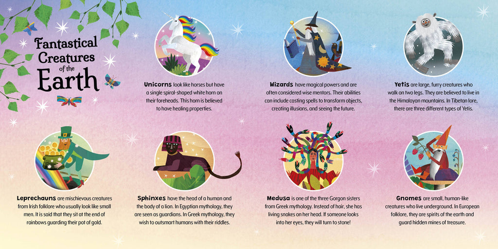 A colorful educational poster titled 'Fantastic Creatures of the Earth' with illustrated fantasy creatures including unicorns, wizards, yelts, leprechauns, sphinxes, medusa, and gnomes on a pastel rainbow background.