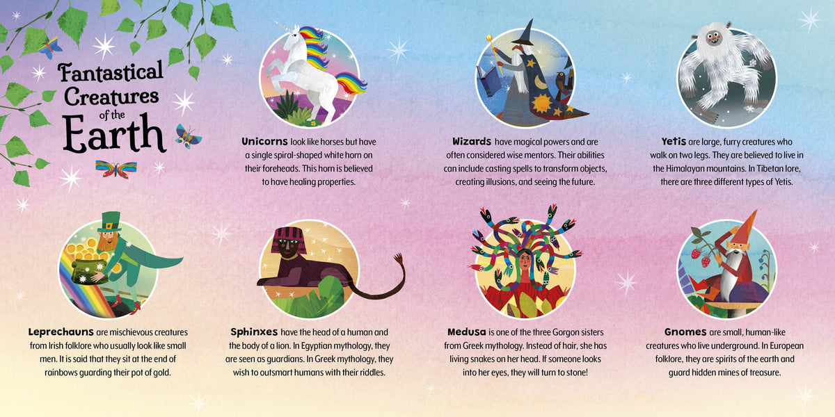 A colorful educational poster titled 'Fantastic Creatures of the Earth' with illustrated fantasy creatures including unicorns, wizards, yelts, leprechauns, sphinxes, medusa, and gnomes on a pastel rainbow background.