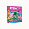 A children's slide book titled "Unicorns and Other Creatures of the Earth" shown standing upright against a plain light background. The cover is brightly illustrated with a pink sky, rainbow, unicorn, flowers, and whimsical creatures, and the spine repeats the title and series branding.