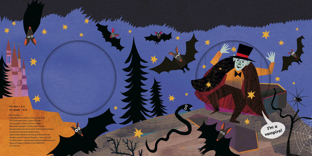 A whimsical illustrated Halloween scene with a wizard in a top hat and coat sitting on a box, surrounded by bats, a snake, stars, a full moon, and a castle. A speech bubble says, "I'm a vampire!".