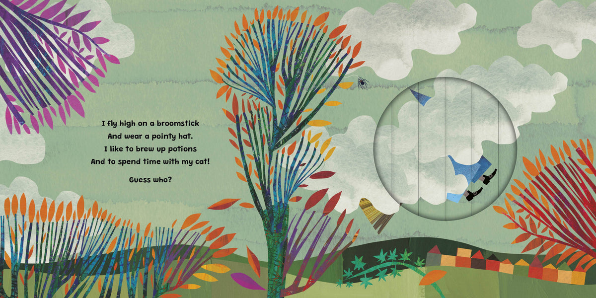 A colorful children's book illustration showing a bird flying through stylized trees and clouds, with a magnifying glass circle highlighting the bird and a small cat nearby. Text on the left reads, 'I fly high on a broomstick / And wear a pointed hat.
