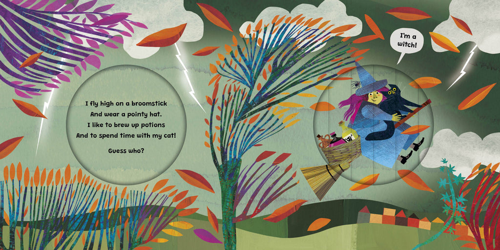 Illustrated children's book page showing a whimsical autumn landscape with stylized trees, falling leaves, lightning, and a witch riding a broom in a basket. Speech bubbles include text about flying high and wearing a pointed hat.