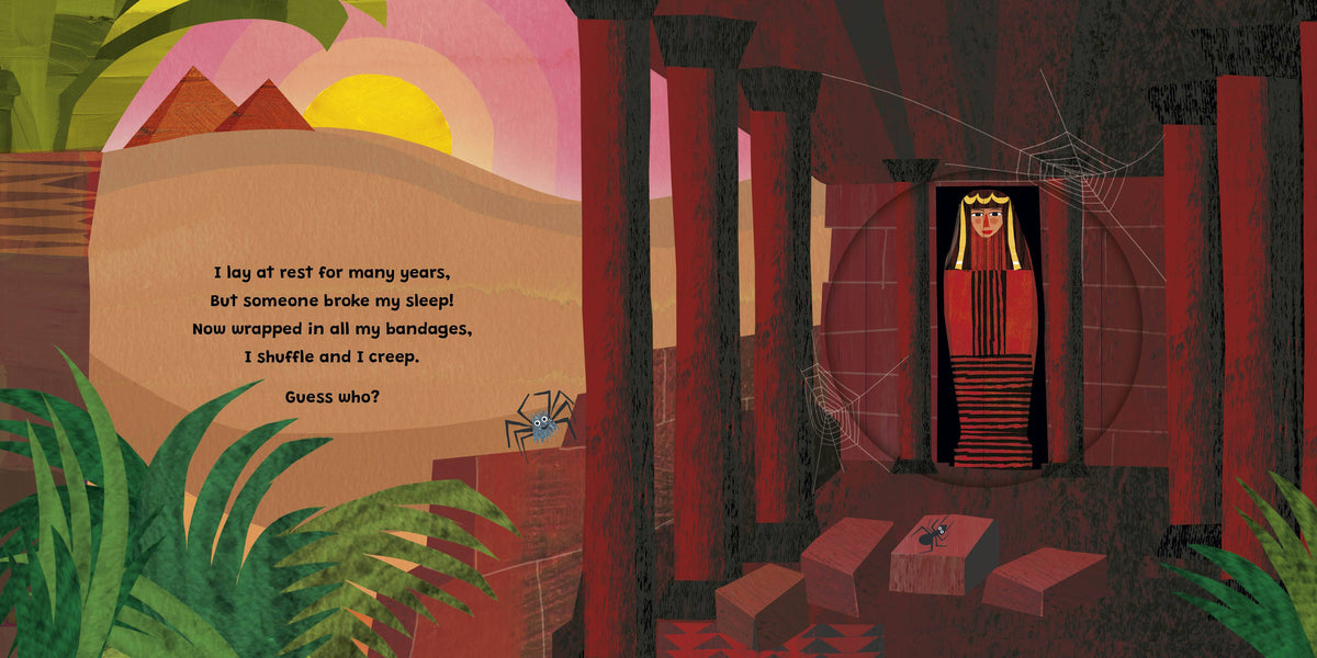 Illustrated book-style scene with a dark red and black doorway, a robed figure standing inside, spiderwebs, plants, and a large tan text panel with a poem on the left side.