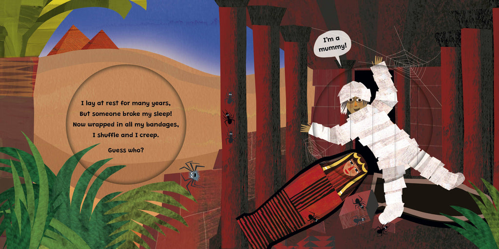 Children's picture book illustration showing a mummy in white bandages crawling over a red sarcophagi in a dark temple, with a speech bubble reading 'I'm a mummy!' and a text box on the left.