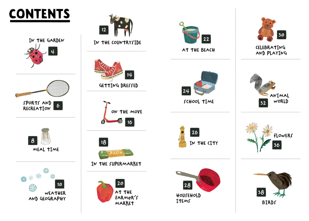 A printed or digital table of contents page with illustrated chapter and section headers, including topics like 'In the garden,' 'Getting dressed,' 'At the beach,' 'School time,' 'In the city,' 'Weather and geography,' 'In the countryside,' 'On the move,' 'Meal time,' 'In the supermarket,' 'At the farmer's market,' 'In the country,' 'Sport and recreation,' 'At the beach,' 'Celebrating and playing,' 'Animal world,' 'Flowers,' and 'Birds.' Each heading has a small number and a simple cartoon illustration.