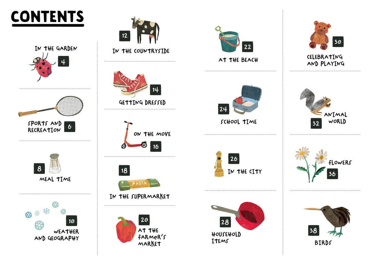 A printed or digital table of contents page with illustrated chapter and section headers, including topics like 'In the garden,' 'Getting dressed,' 'At the beach,' 'School time,' 'In the city,' 'Weather and geography,' 'In the countryside,' 'On the move,' 'Meal time,' 'In the supermarket,' 'At the farmer's market,' 'In the country,' 'Sport and recreation,' 'At the beach,' 'Celebrating and playing,' 'Animal world,' 'Flowers,' and 'Birds.' Each heading has a small number and a simple cartoon illustration.