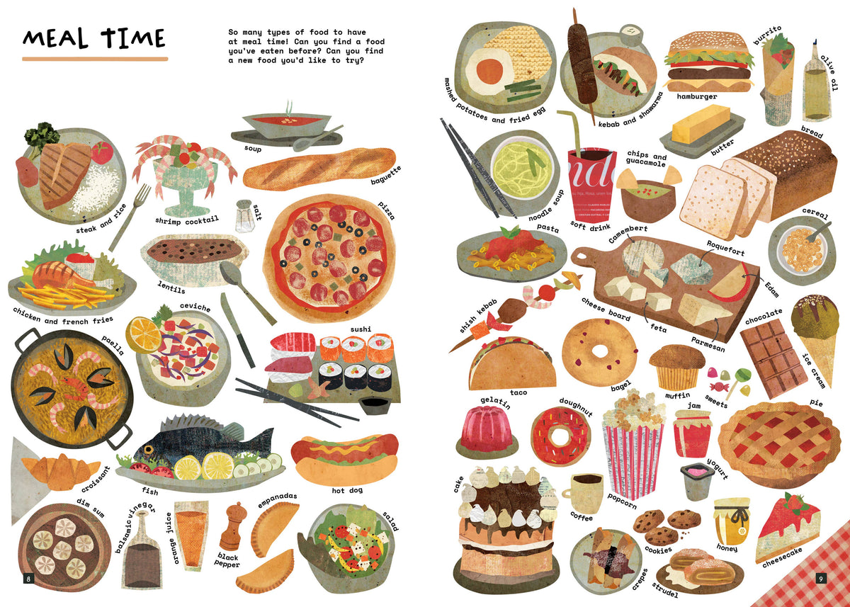 An illustrated educational chart titled 'MEAL TIME' showing many food items with labels, including breakfast, lunch, dinner, snacks, and desserts, on a white background.