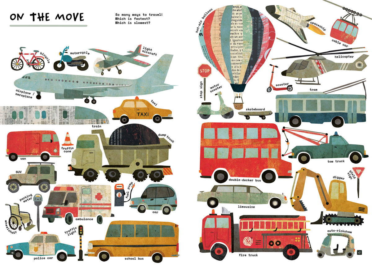 A colorful children's educational poster titled 'ON THE MOVE' featuring illustrated vehicles such as an airplane, taxi, bus, truck, helicopter, hot air balloon, and scooter with labels on a white background.