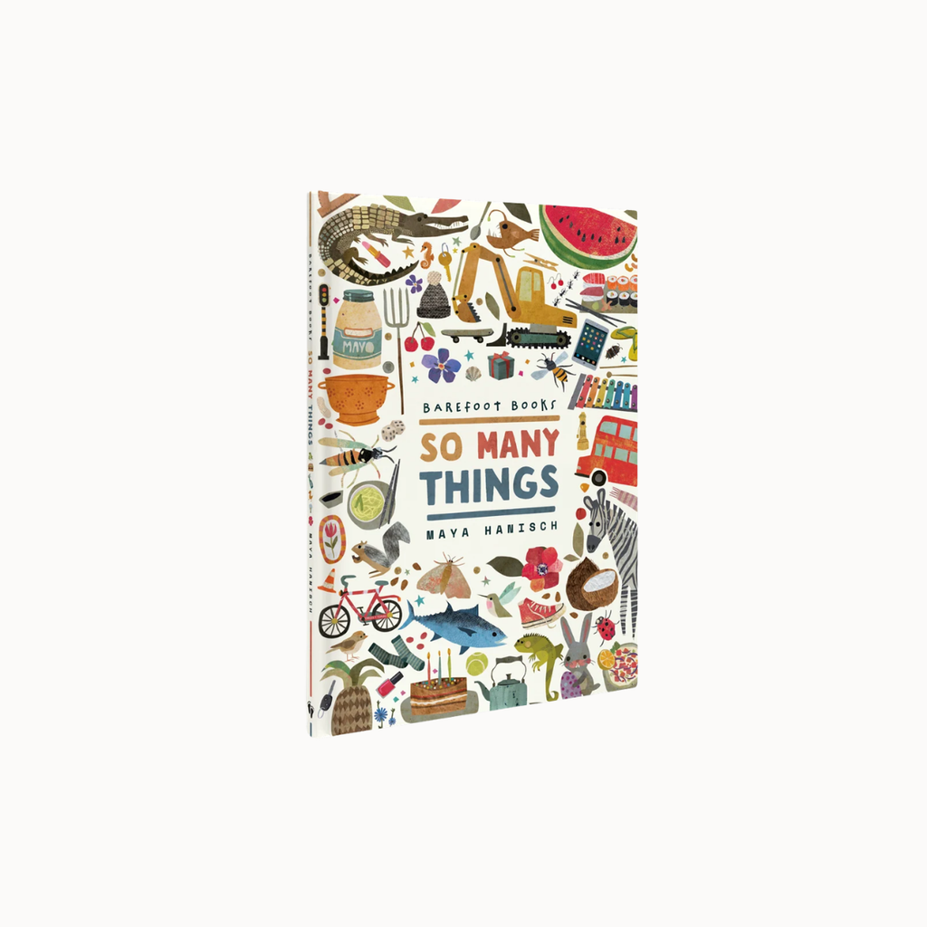 The children's book 'So Many Things' by Maya Harzsch, part of the 'Bakebot Books' series, shown standing upright at a slight angle against a solid off-white background. The cover is highly detailed with a colorful collage of various illustrated objects, including a bicycle, a watermelon, a red double-decker bus, a crocodile, and a bicycle.
